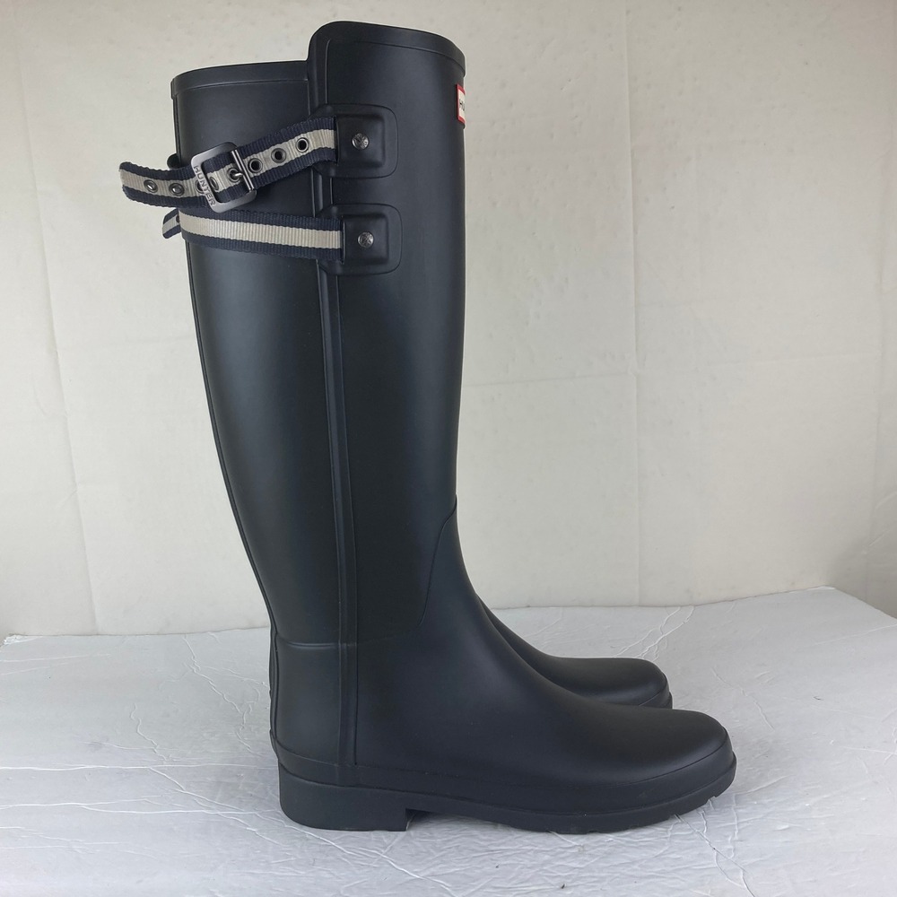 Hunter Original Tall Rain Boots Women 9 Black Striped Buckle Strap Equestrian - Picture 6 of 12